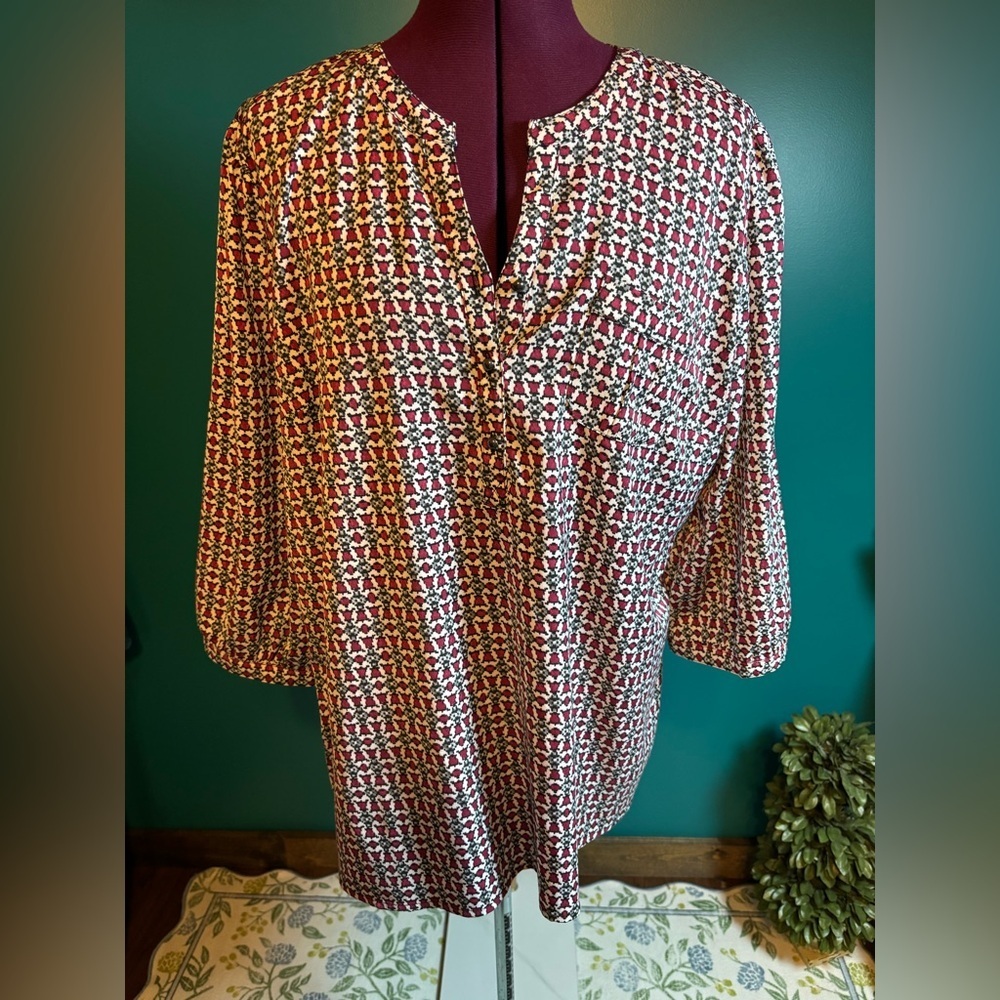 Christopher & Banks Pink and White Relaxed Blouse with Mandarin Collar